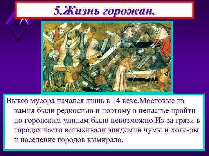 5. Жизнь горожан. Вывоз мусора начался лишь в 14 веке. Мостовые из камня были