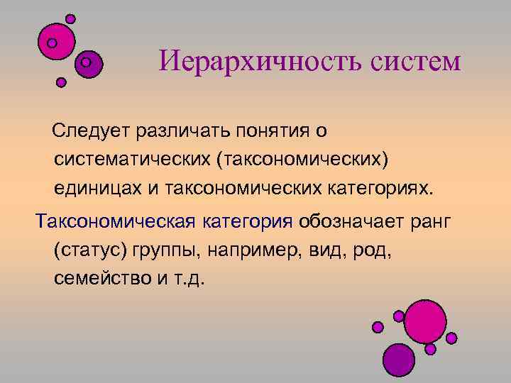Иерархичность систем Следует различать понятия о систематических (таксономических) единицах и таксономических категориях. Таксономическая категория