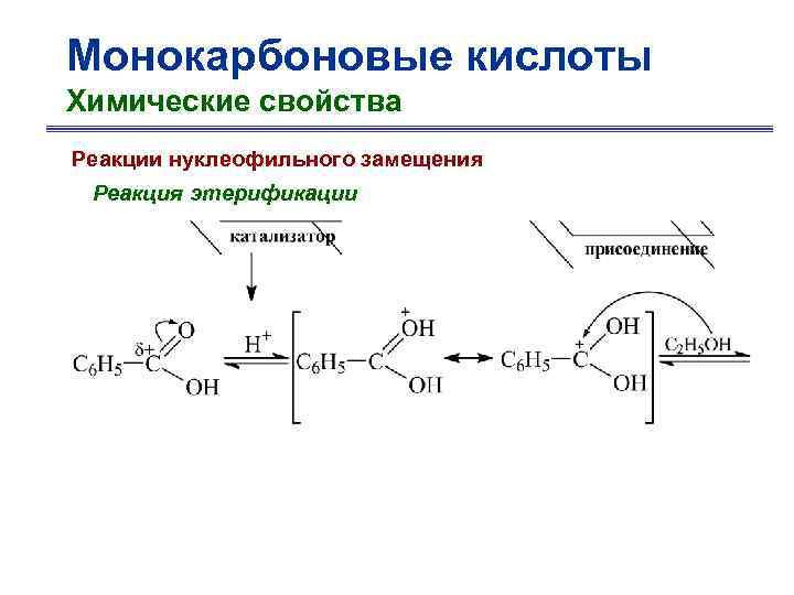 Монокарбоновые кислоты Химические свойства Реакции нуклеофильного замещения Реакция этерификации 