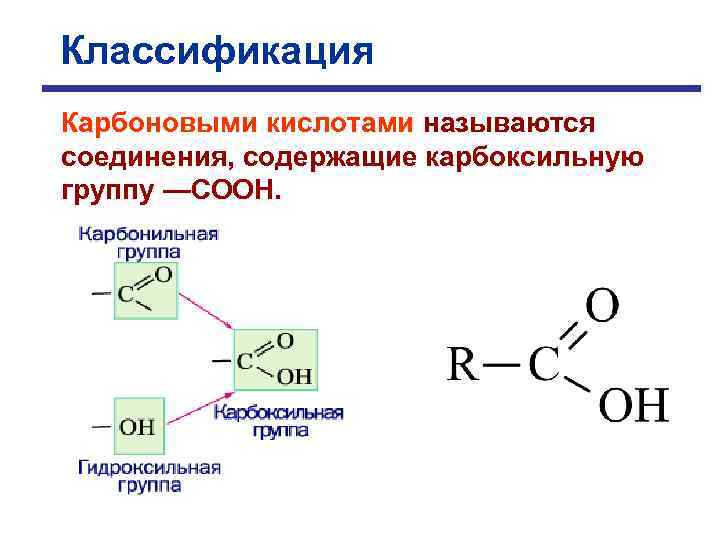 Классификация Карбоновыми кислотами называются соединения, содержащие карбоксильную группу —СООН. 