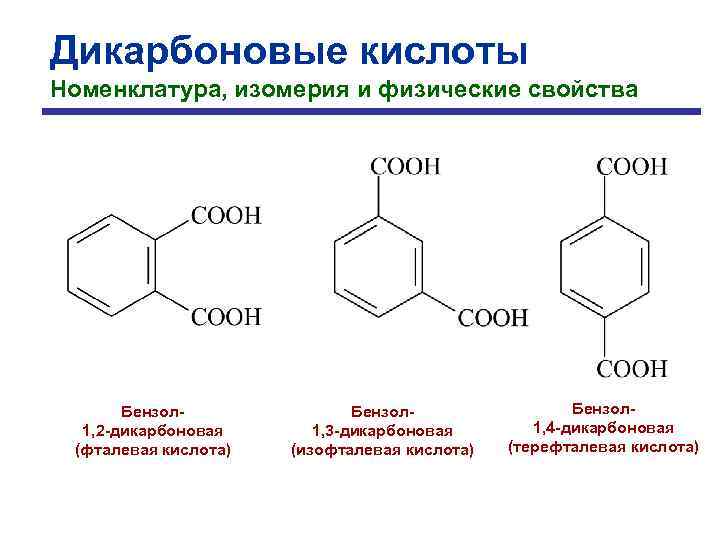 Дикарбоновые кислоты Номенклатура, изомерия и физические свойства Бензол 1, 2 -дикарбоновая (фталевая кислота) Бензол