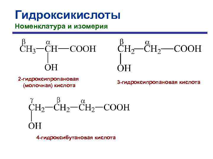 Гидроксикислоты Номенклатура и изомерия 2 -гидроксипропановая (молочная) кислота 4 -гидроксибутановая кислота 3 -гидроксипропановая кислота