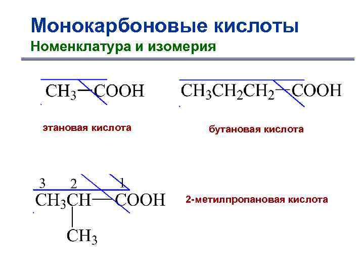Монокарбоновые кислоты Номенклатура и изомерия этановая кислота бутановая кислота 2 -метилпропановая кислота 