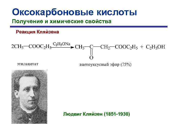 Оксокарбоновые кислоты Получение и химические свойства Реакция Кляйзена Людвиг Кляйзен (1851 -1930) 