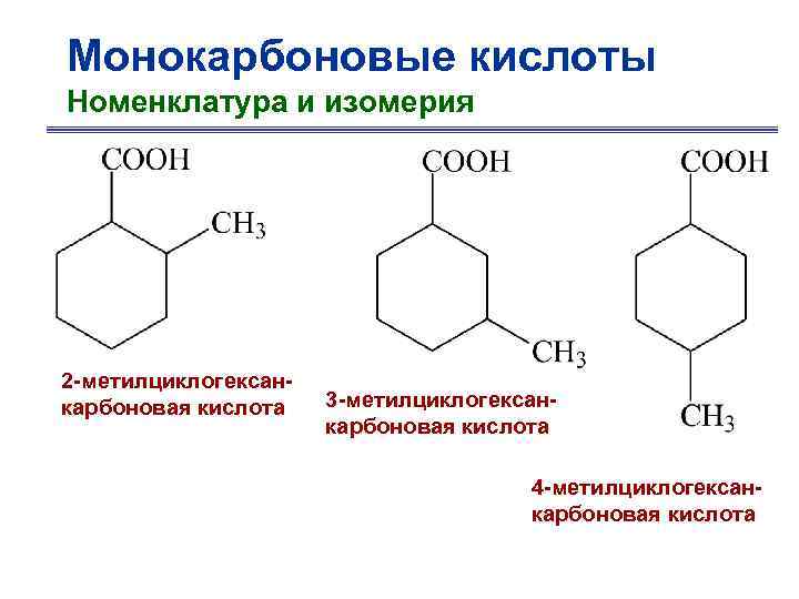 Монокарбоновые кислоты Номенклатура и изомерия 2 -метилциклогексанкарбоновая кислота 3 -метилциклогексанкарбоновая кислота 4 -метилциклогексанкарбоновая кислота