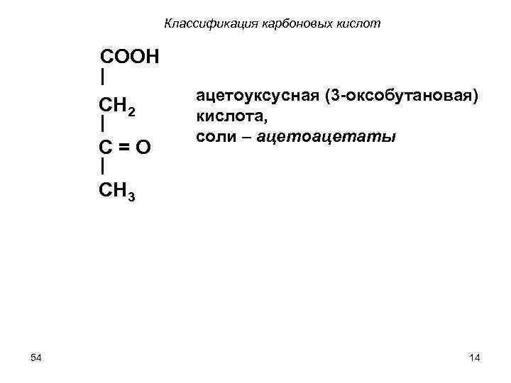 Классификация карбоновых кислот COOH CH 2 C=O ацетоуксусная (3 -оксобутановая) кислота, cоли – ацетоацетаты