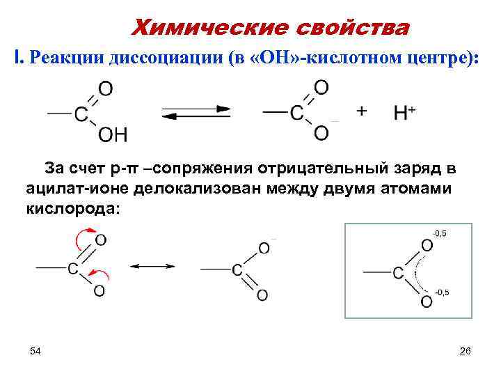 Химические свойства I. Реакции диссоциации (в «OH» -кислотном центре): За счет p-π –сопряжения отрицательный