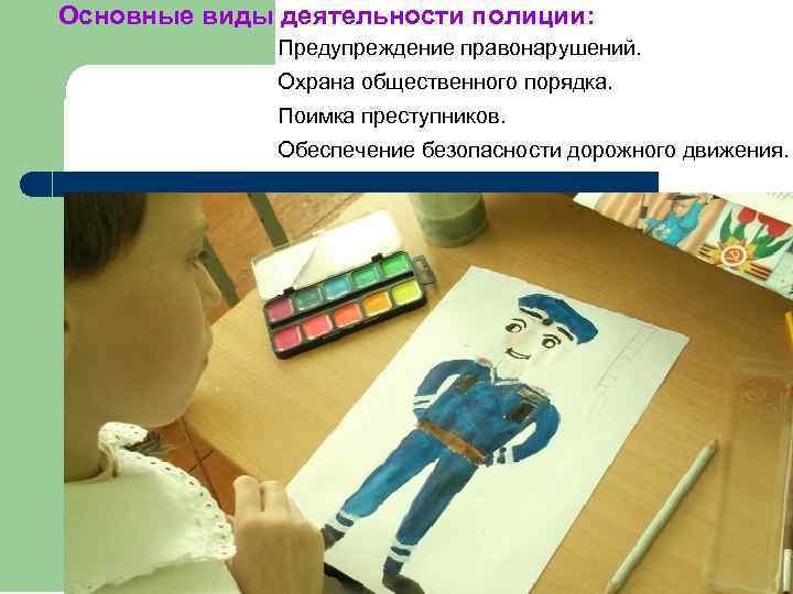 Основные виды деятельности полиции: Предупреждение правонарушений. Охрана общественного порядка. Поимка преступников. Обеспечение безопасности дорожного