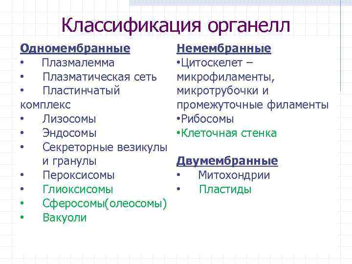 Классификация органелл Одномембранные • Плазмалемма • Плазматическая сеть • Пластинчатый комплекс • Лизосомы •