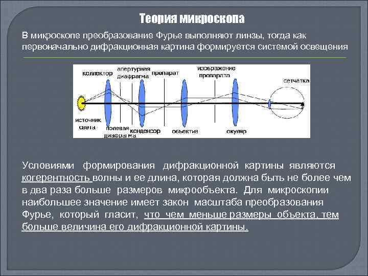Теория микроскопа В микроскопе преобразование Фурье выполняют линзы, тогда как первоначально дифракционная картина формируется