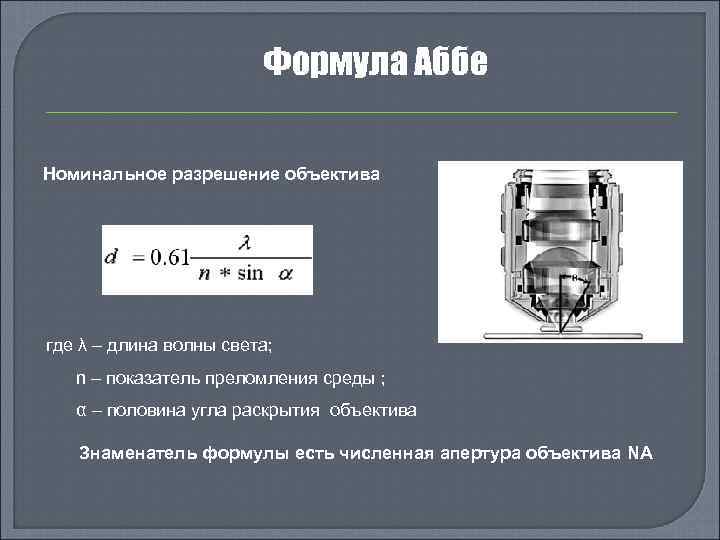Формула Аббе Номинальное разрешение объектива где λ – длина волны света; n – показатель