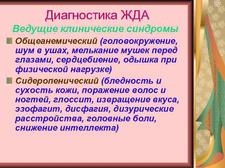 Диагностика ЖДА Ведущие клинические синдромы Общеанемический (головокружение, шум в ушах, мелькание мушек перед глазами,