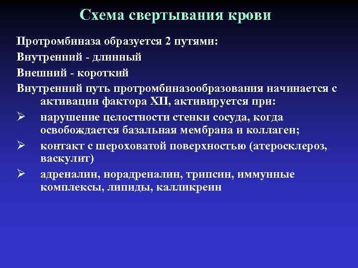 Схема свертывания крови Протромбиназа образуется 2 путями: Внутренний - длинный Внешний - короткий Внутренний