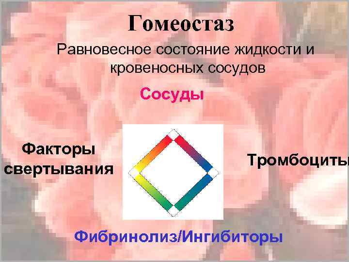 Гомеостаз Равновесное состояние жидкости и кровеносных сосудов Сосуды Факторы свертывания Тромбоциты Фибринолиз/Ингибиторы 