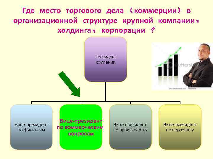 Где место торгового дела (коммерции) в организационной структуре крупной компании, холдинга, корпорации ? Президент
