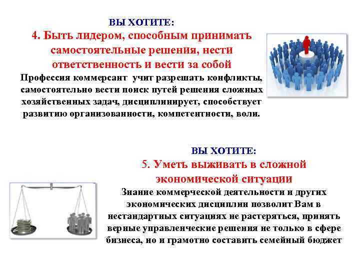 ВЫ ХОТИТЕ: 4. Быть лидером, способным принимать самостоятельные решения, нести ответственность и вести за