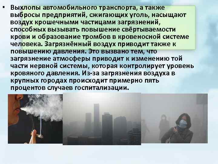  • Выхлопы автомобильного транспорта, а также выбросы предприятий, сжигающих уголь, насыщают воздух крошечными