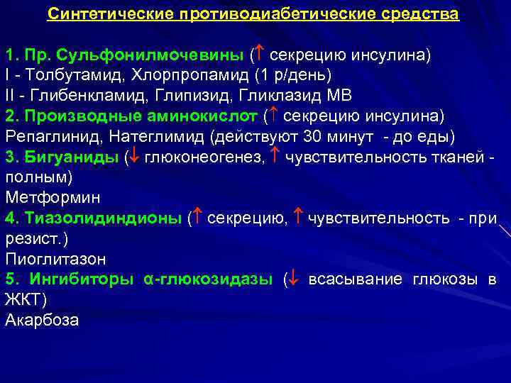 Синтетические противодиабетические средства 1. Пр. Сульфонилмочевины ( секрецию инсулина) I - Толбутамид, Хлорпропамид (1
