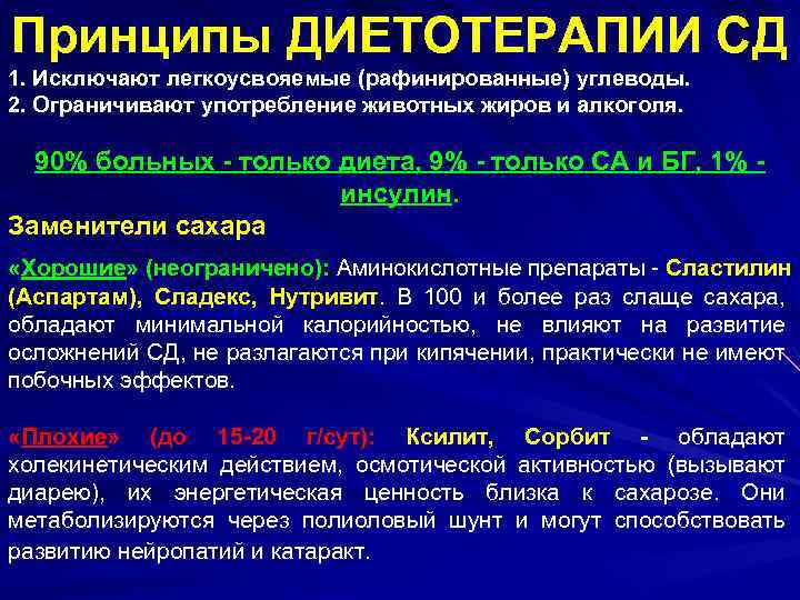 Принципы ДИЕТОТЕРАПИИ СД 1. Исключают легкоусвояемые (рафинированные) углеводы. 2. Ограничивают употребление животных жиров и