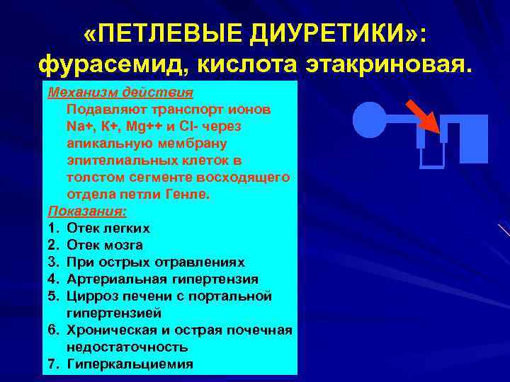  «ПЕТЛЕВЫЕ ДИУРЕТИКИ» : фурасемид, кислота этакриновая. Механизм действия Подавляют транспорт ионов Na+, К+,