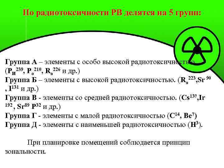 По радиотоксичности РВ делятся на 5 групп: Группа А – элементы с особо высокой