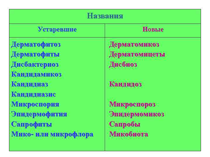 Названия Устаревшие Дерматофитоз Дерматофиты Дисбактериоз Кандидамикоз Кандидиазис Микроспория Эпидермофития Сапрофиты Мико- или микрофлора Новые