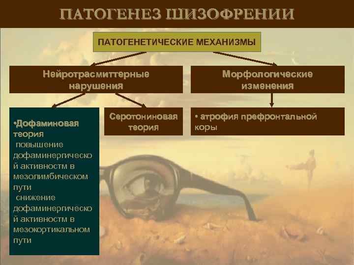 ПАТОГЕНЕЗ ШИЗОФРЕНИИ ПАТОГЕНЕТИЧЕСКИЕ МЕХАНИЗМЫ Нейротрасмиттерные нарушения • Дофаминовая теория повышение дофаминергическо й активностм в
