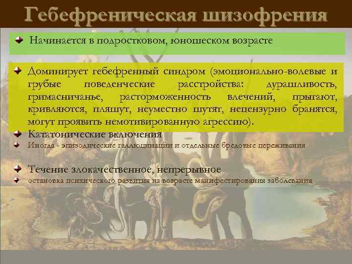 Гебефреническая шизофрения Начинается в подростковом, юношеском возрасте Доминирует гебефренный синдром (эмоционально-волевые и грубые поведенческие