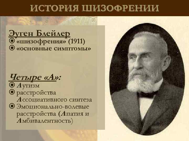 ИСТОРИЯ ШИЗОФРЕНИИ Эуген Блейлер «шизофрения» (1911) «основные симптомы» Четыре «А» : А утизм расстройства