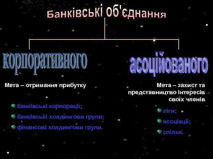 Мета – отримання прибутку банківські корпорації; банківські холдингови групи; фінансові холдингови групи. Мета –