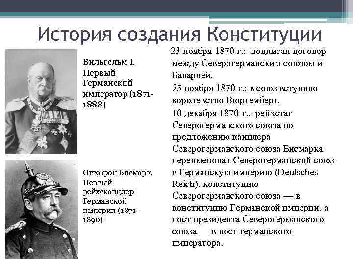 История создания Конституции Вильгельм I. Первый Германский император (18711888) Отто фон Бисмарк. Первый рейхсканцлер