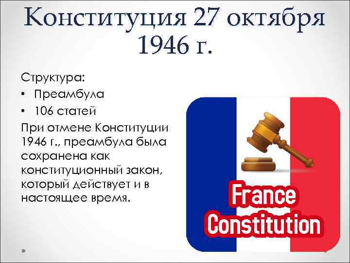 Конституция 27 октября 1946 г. Структура: • Преамбула • 106 статей При отмене Конституции