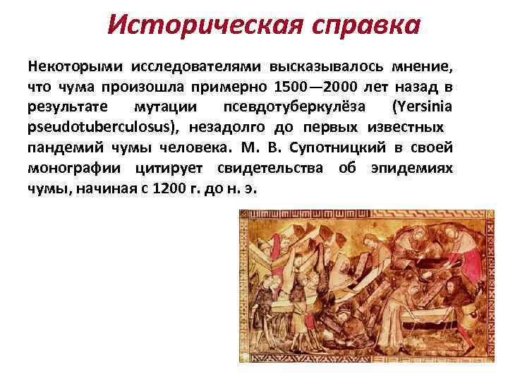 Историческая справка Некоторыми исследователями высказывалось мнение, что чума произошла примерно 1500— 2000 лет назад