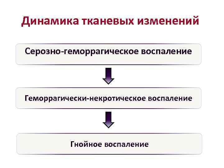 Динамика тканевых изменений Серозно-геморрагическое воспаление Геморрагически-некротическое воспаление Гнойное воспаление 