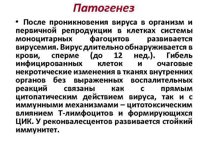 Патогенез • После проникновения вируса в организм и первичной репродукции в клетках системы моноцитарных