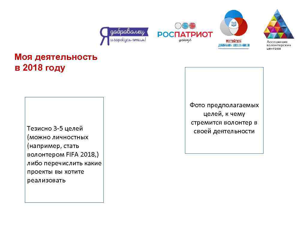 3 ￼ Моя деятельность в 2018 году Фото предполагаемых целей, к чему стремится волонтер