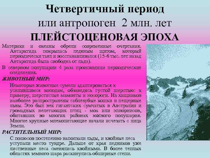 Четвертичный период или антропоген 2 млн. лет ПЛЕЙСТОЦЕНОВАЯ ЭПОХА Материки и океаны обрели современные