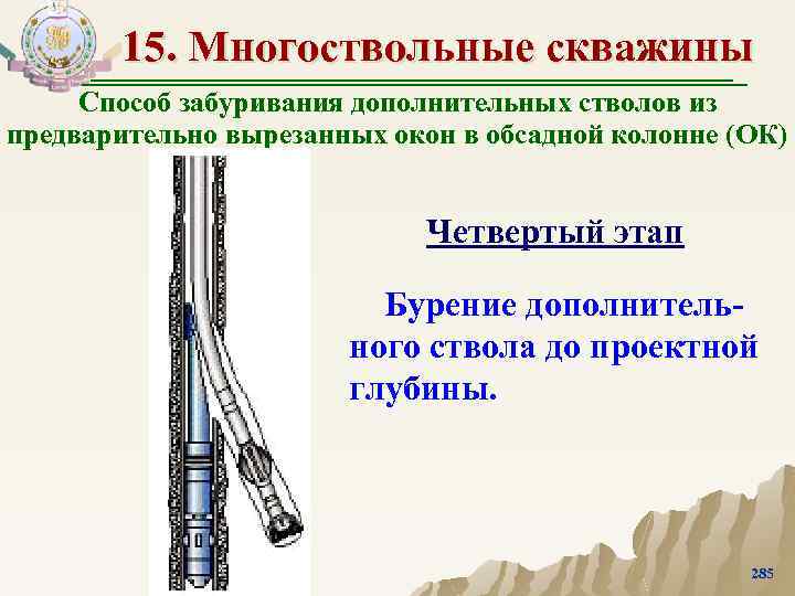 15. Многоствольные скважины Способ забуривания дополнительных стволов из предварительно вырезанных окон в обсадной колонне
