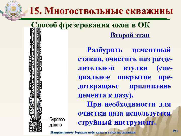 15. Многоствольные скважины Способ фрезерования окон в ОК Второй этап Разбурить цементный стакан, очистить