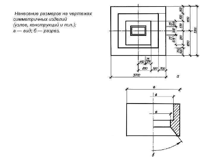  Нанесение размеров на чертежах симметричных изделий (узлов, конструкций и т. п. ): а