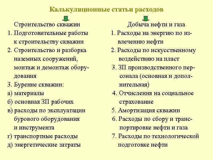 Калькуляционные статьи расходов Строительство скважин 1. Подготовительные работы к строительству скважин 2. Строительство и
