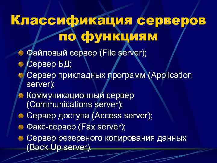 Классификация серверов по функциям Файловый сервер (File server); Сервер БД; Сервер прикладных программ (Application