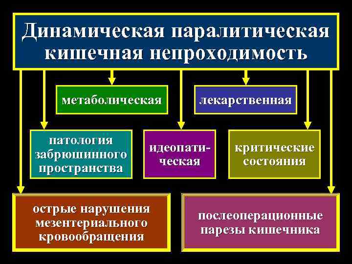 Динамическая паралитическая кишечная непроходимость метаболическая патология забрюшинного пространства лекарственная идеопатическая острые нарушения мезентериального кровообращения
