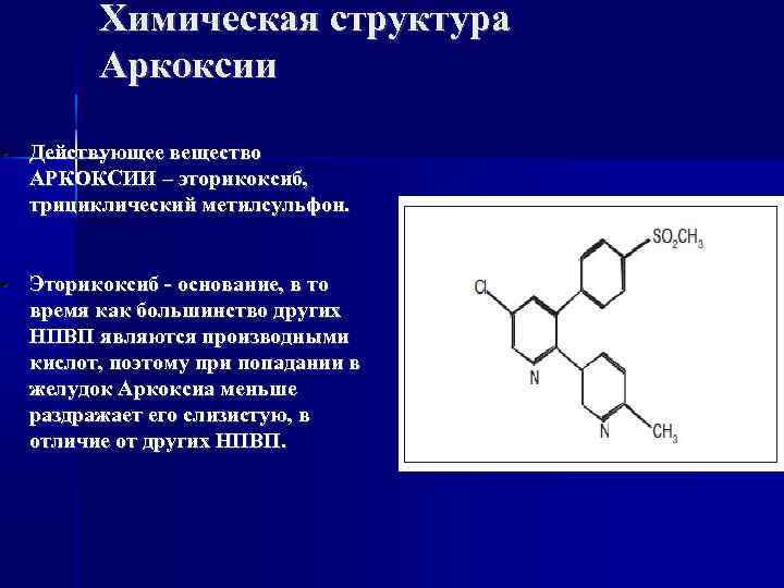 Химическая структура Аркоксии • Действующее вещество АРКОКСИИ – эторикоксиб, трициклический метилсульфон. • Эторикоксиб -