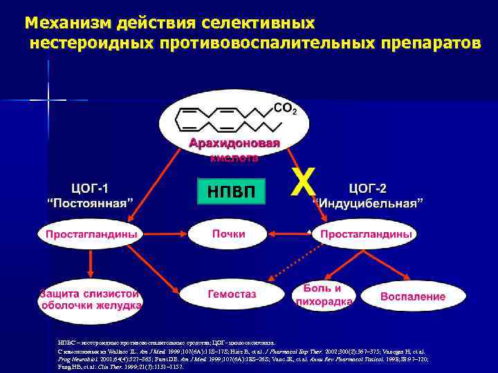 Механизм действия селективных нестероидных противовоспалительных препаратов НПВП НПВС – нестероидные противовоспалительные средства; ЦОГ- циклооксигеназа.