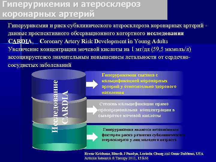 Гиперурикемия и атеросклероз коронарных артерий Исследование CARDIA Гиперурикемия и риск субклинического атеросклероза коронарных артерий