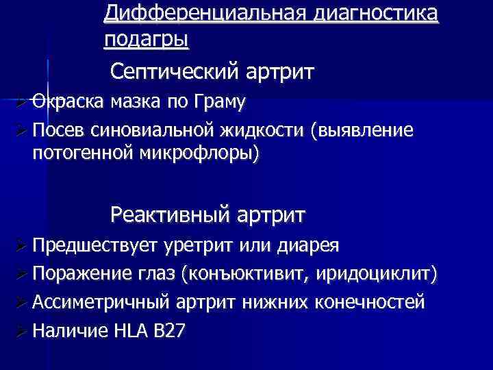 Дифференциальная диагностика подагры Септический артрит Окраска мазка по Граму Посев синовиальной жидкости (выявление потогенной