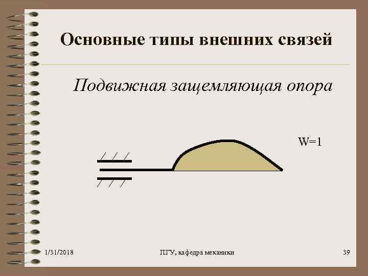 Основные типы внешних связей Подвижная защемляющая опора W=1 1/31/2018 ПГУ, кафедра механики 39 