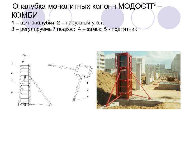 Опалубка монолитных колонн МОДОСТР – КОМБИ 1 – щит опалубки; 2 – наружный угол;