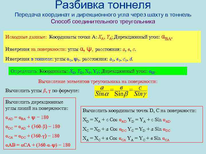 Разбивка тоннеля Передача координат и дирекционного угла через шахту в тоннель Способ соединительного треугольника